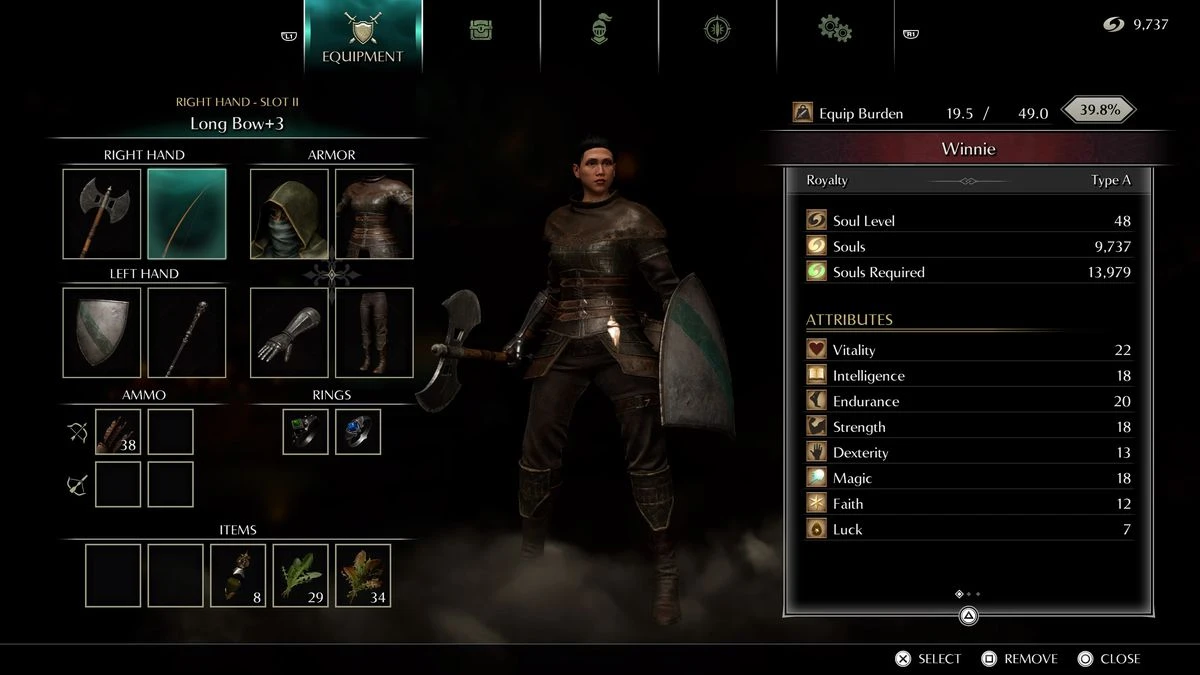 A menu screen showing the player character in Demon’s Souls (PS5)